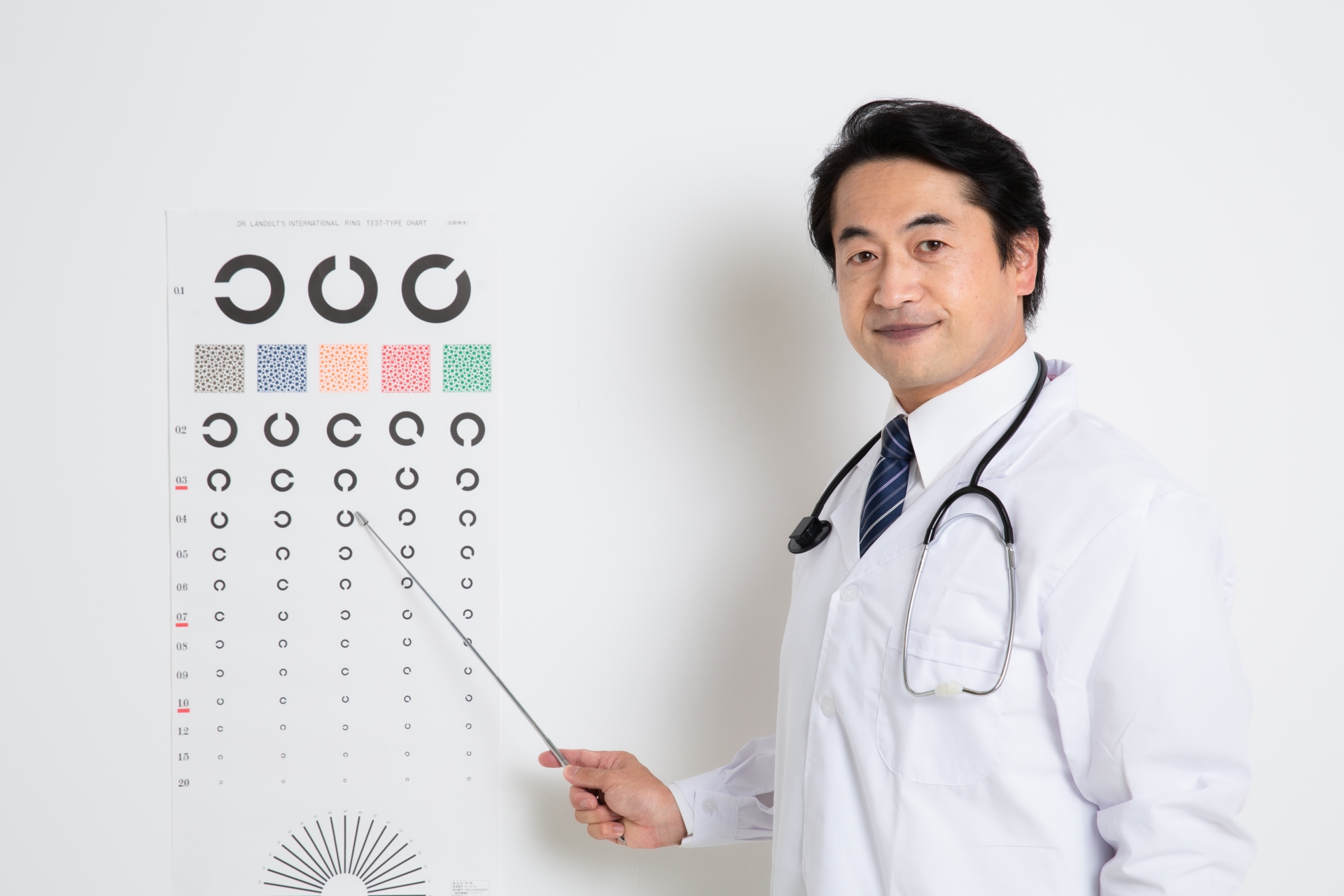 視力検査（0.4）をしているベテラン男性医師